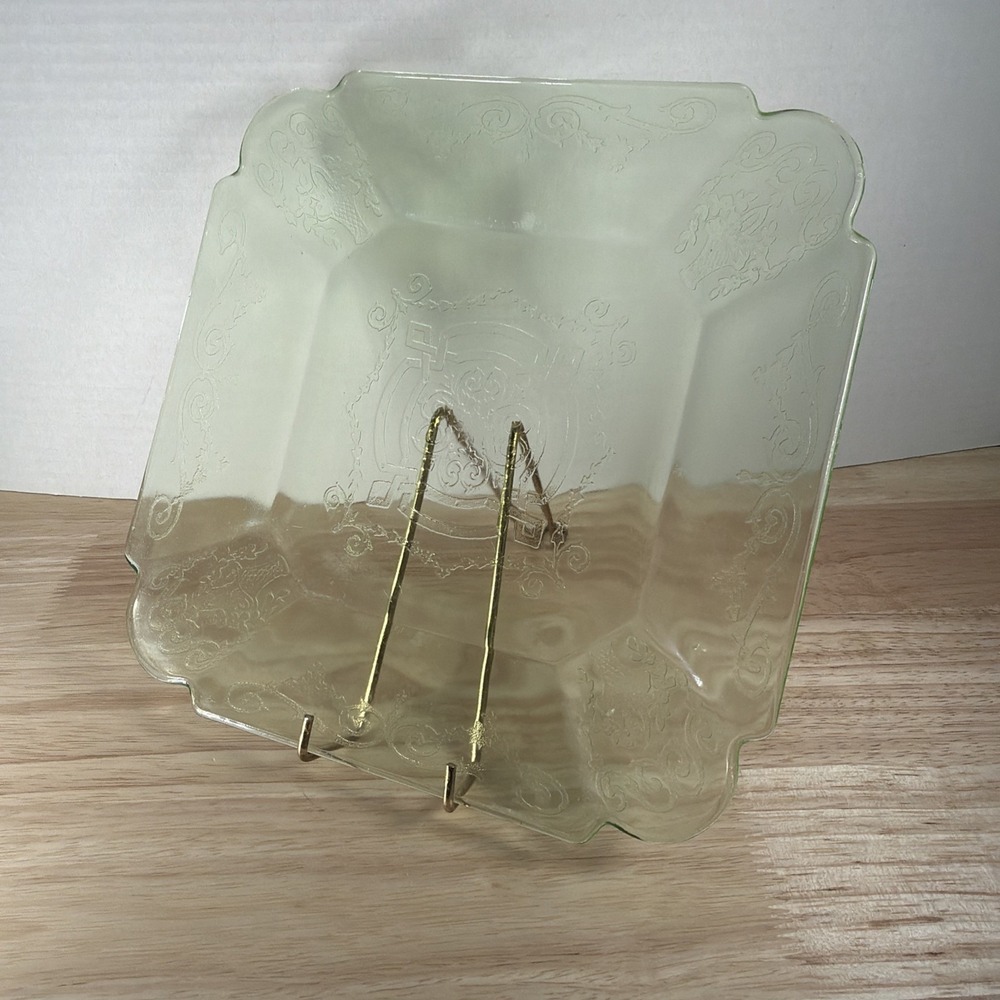 Lorain Basket Green SALAD PLATE Indiana Uranium Depression Glass Square Glows!